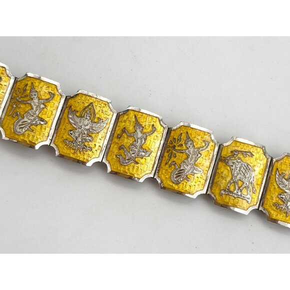 Guillioche Yellow Siam Sterling Silver Paneled Thai 1930's 925 Vintage Bracelet - Picture 3 of 16